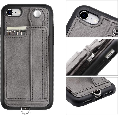 TOOVREN iPhone SE Case 2020/2022 Phone Lanyard Neck Strap for iPhone 8 Case with Card Holder iPhone 7 Wallet Case with Kickstand Leather PU Card H...